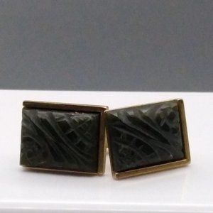 Vintage Anson Carved Jade Cufflinks, Gold Tone Squares with Dark Green Stones